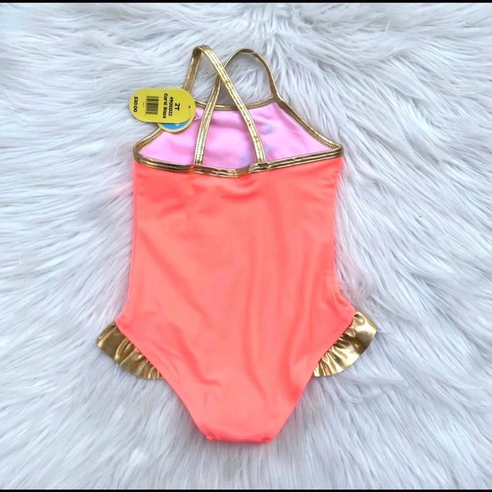 Girls One Piece Horse & Ruffles Swimsuit Coral & Gold Toddler 2T